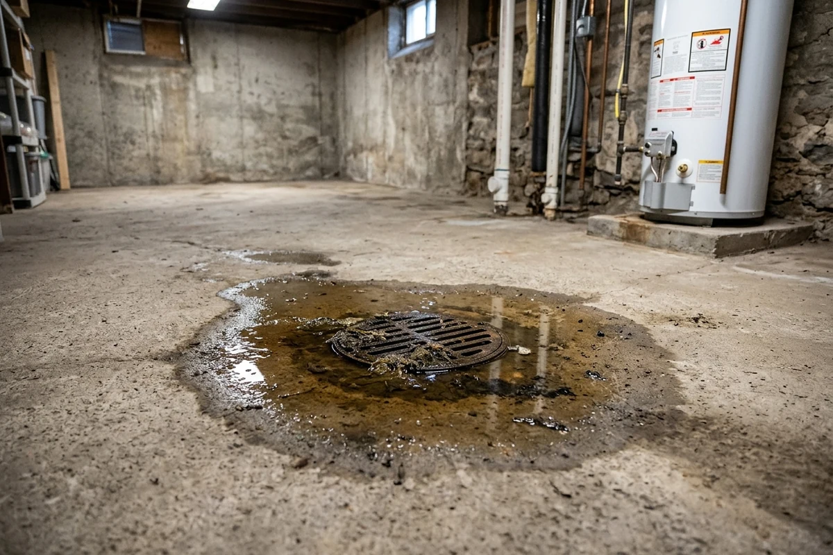 Photo of a basement with sewage backing up through the floor drain and pooling on the concrete floor