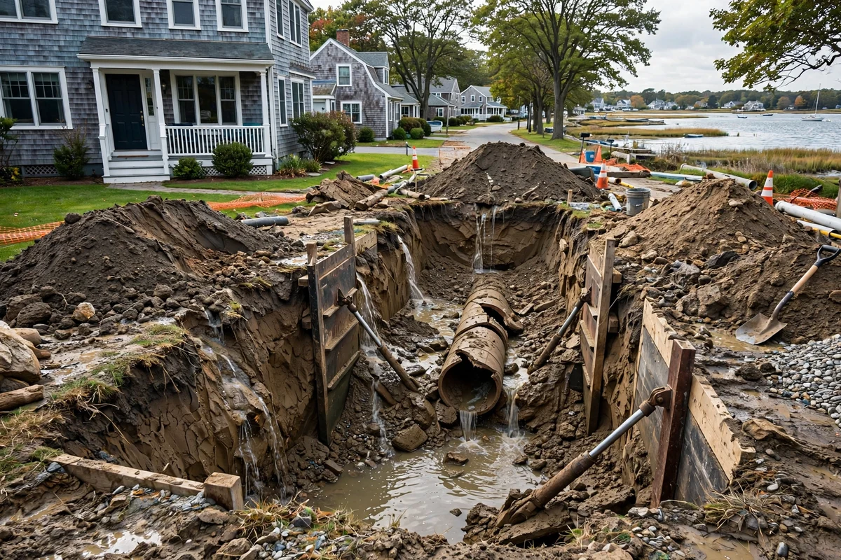Shoreline cross-section showing a high water table near a home's sewer lateral