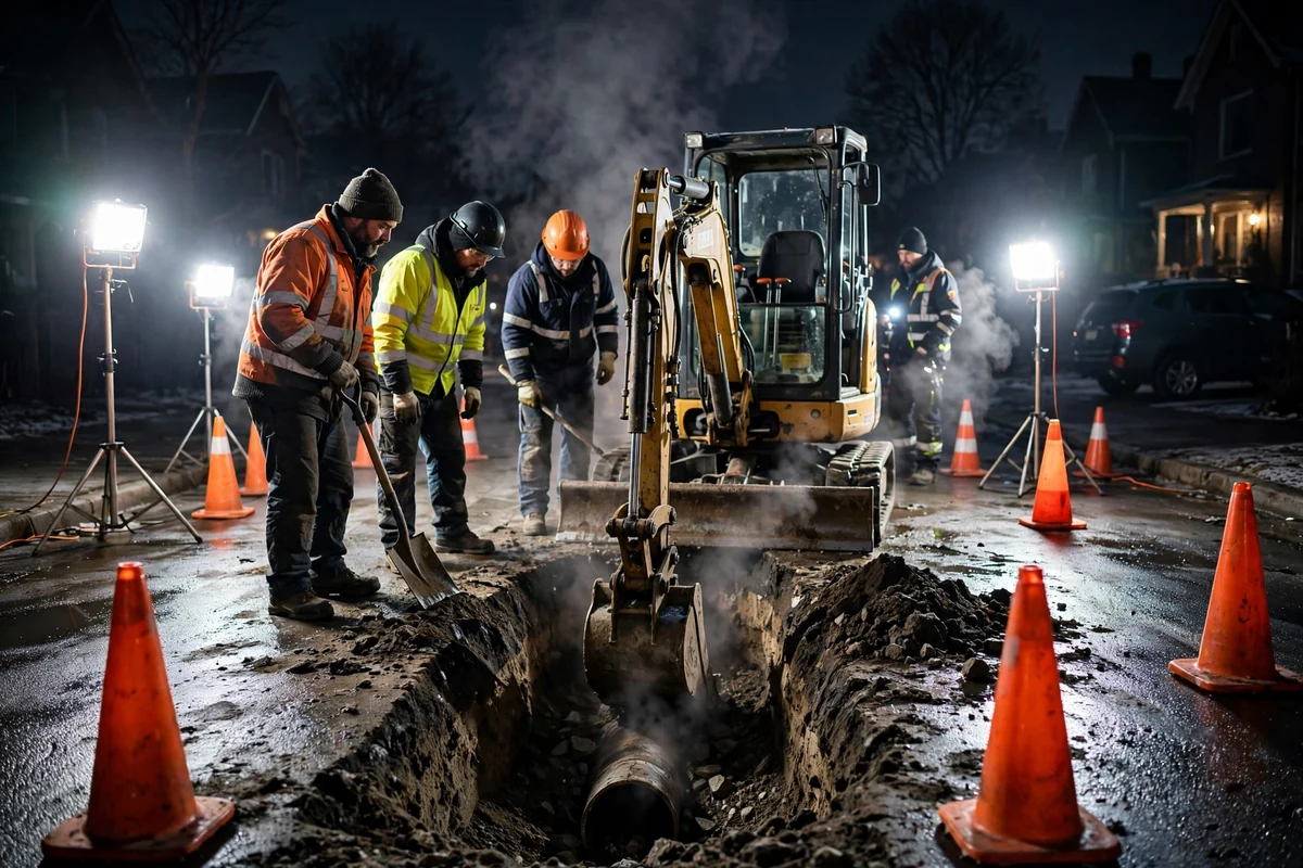 Photo of a service technician responding at night to a home with a sewer emergency