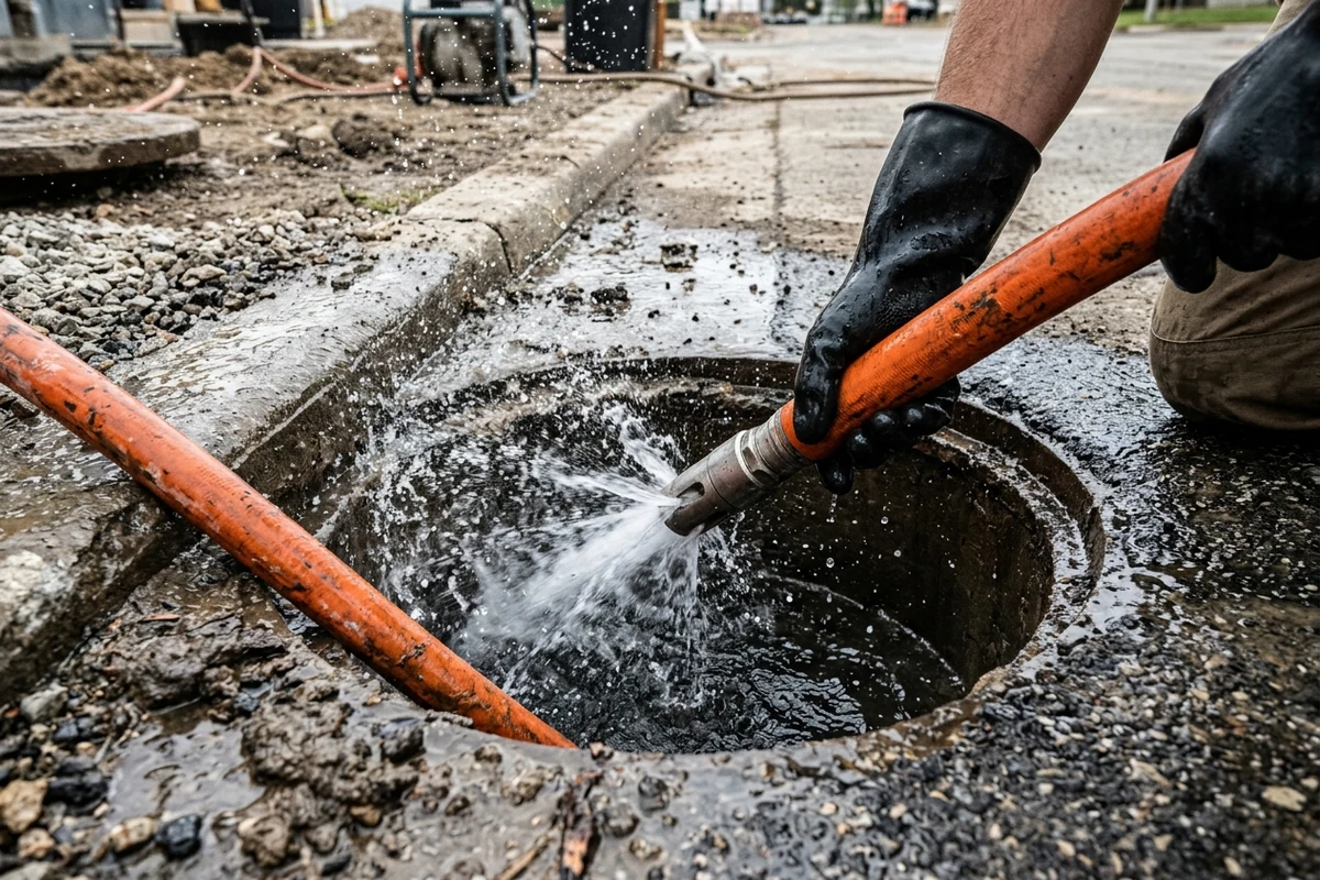 Photo of a hydro-jetting nozzle scouring grease and scale from the inside wall of a sewer pipe
