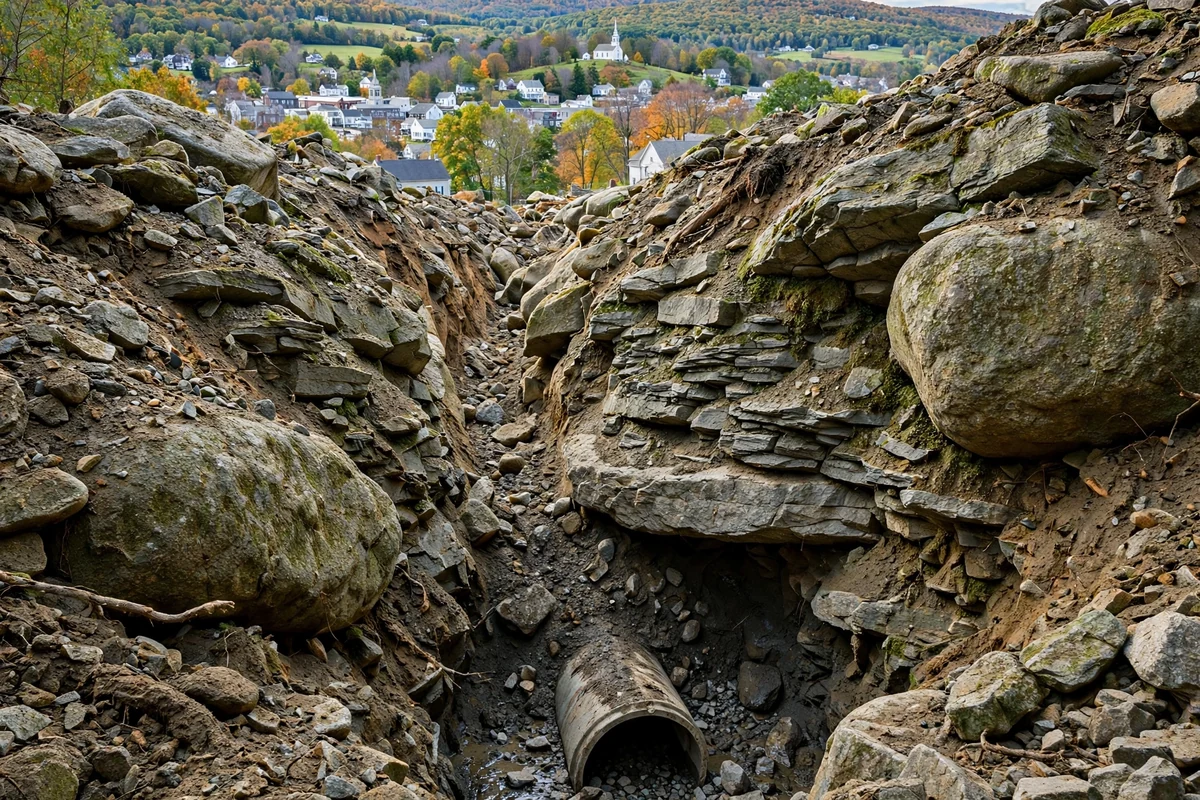 Cross-section of hilly ground with boulders and bedrock ledge where a sewer trench has been cut