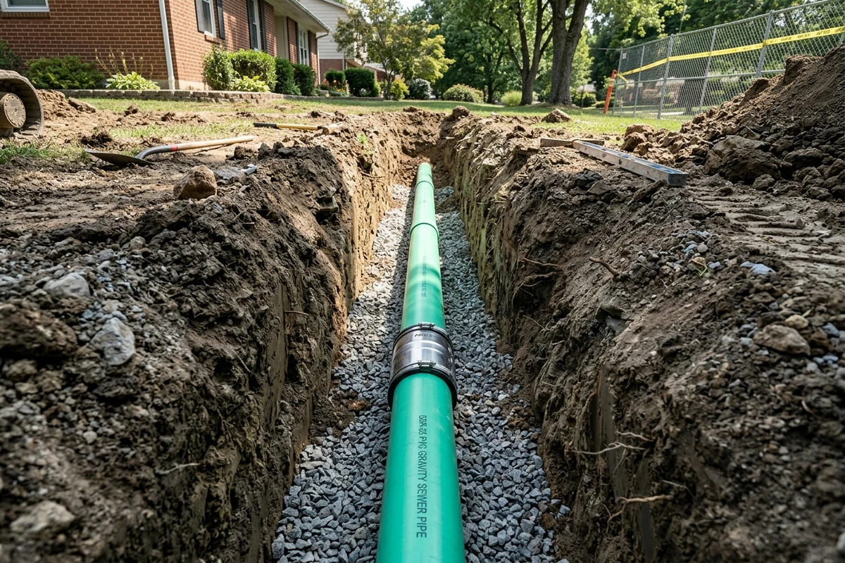 Photo of a new PVC sewer line laid on compacted stone bedding in a trench at a laser-set grade