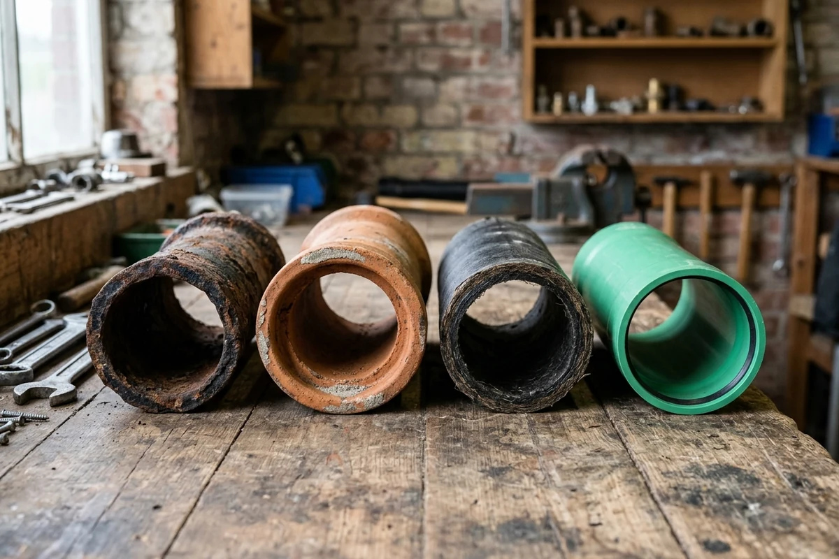 Photo comparison of cast iron, vitrified clay, Orangeburg and PVC sewer pipe