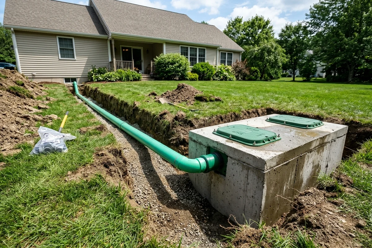 Photo of a rural building sewer running from a house to a septic tank and leaching field