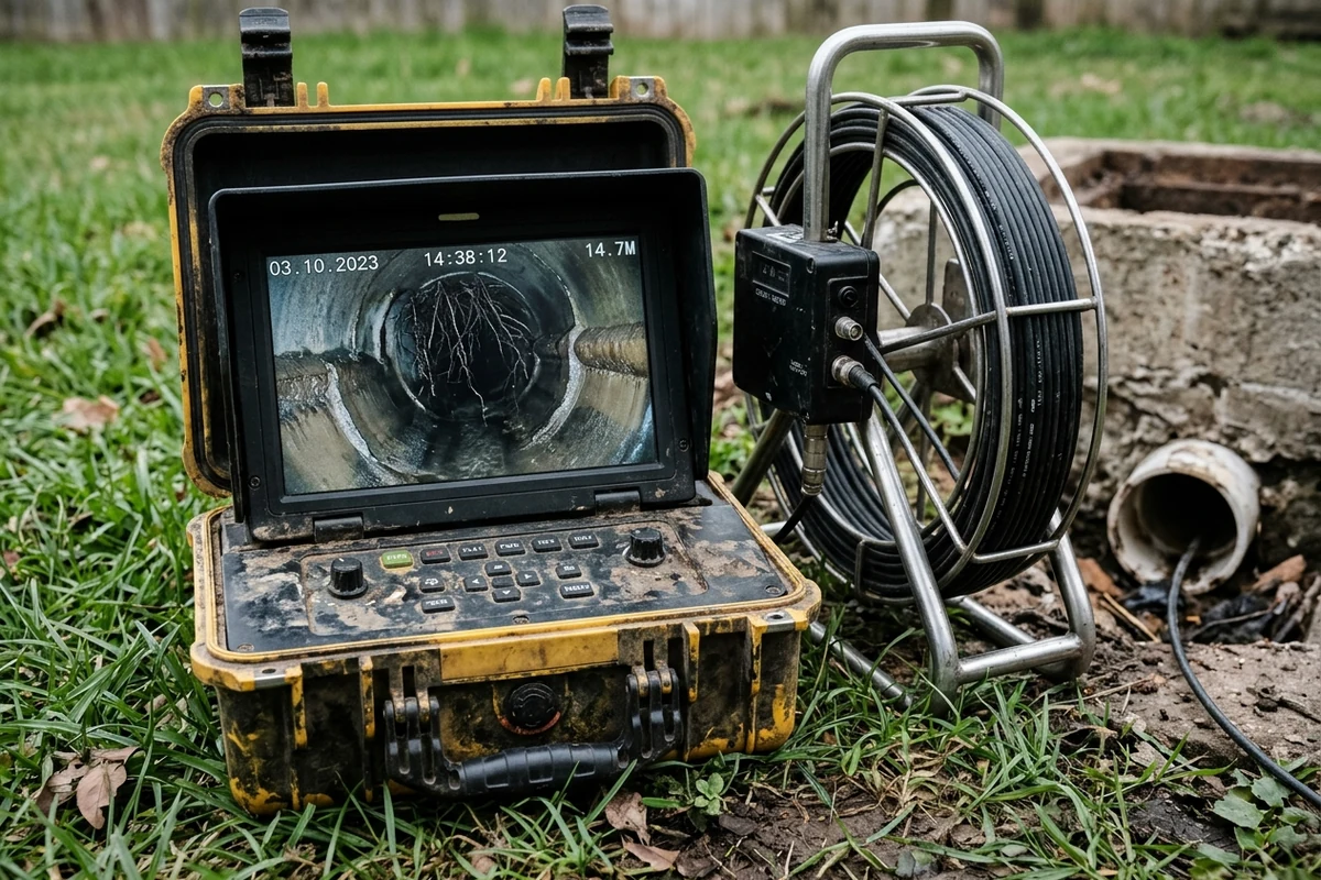 Photo of a sewer inspection camera reel at a yard cleanout with a monitor showing a crack and roots inside the pipe