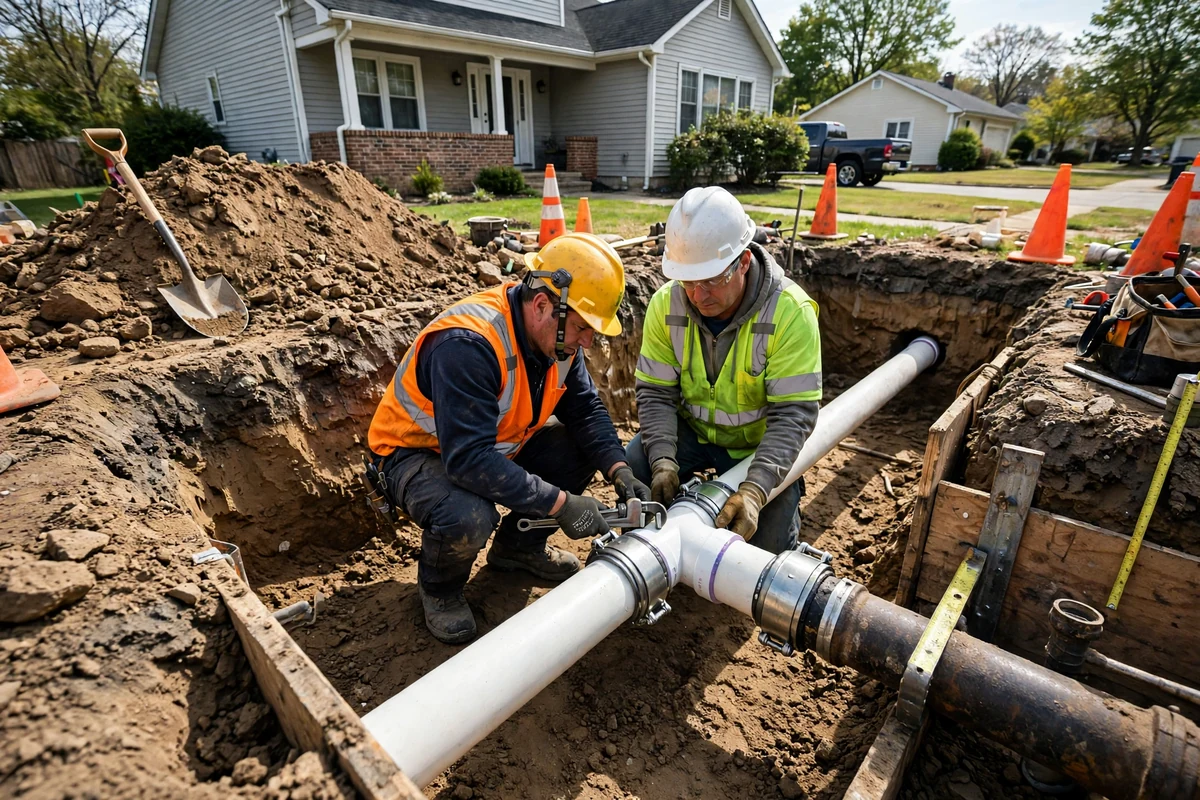 Photo of a house sewer lateral running from the basement to the street sewer main, with a cleanout and tree roots at a pipe joint