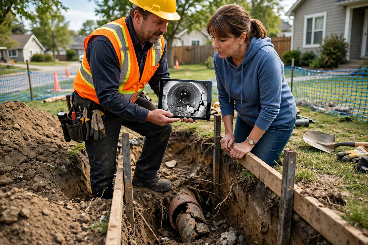Diagram showing the private sewer lateral from a house to the property line and the street sewer main
