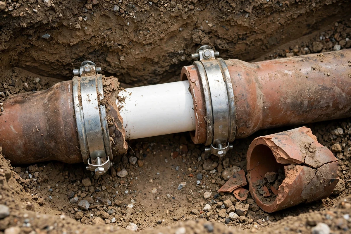 Photo of a sewer line spot repair in an open trench with a new PVC section joined by shielded couplings