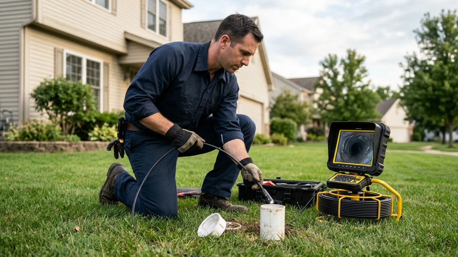 Sewer technician feeding an inspection camera into a residential sewer access point beside a lawn