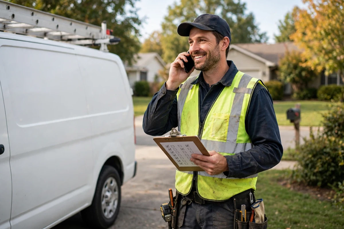 Photo of a phone call in progress next to a checklist for describing a sewer problem