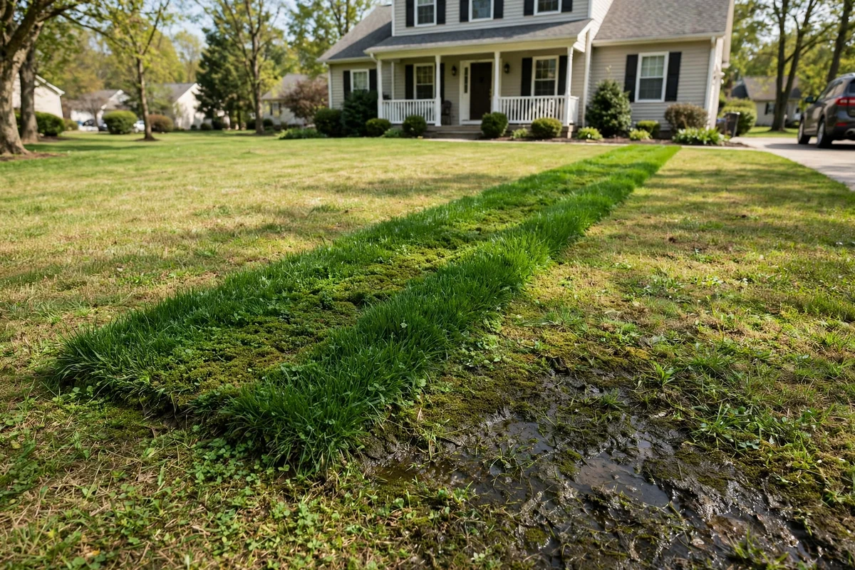 Photo showing a cracked sewer lateral leaking into the soil under an unusually green, soggy strip of lawn