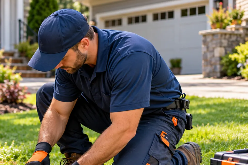 Technician in gloves feeding a sewer inspection camera cable into a sewer access point