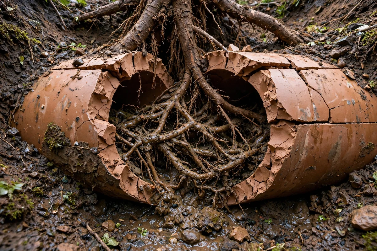 Photo of tree roots entering a clay sewer pipe at the joint and forming a root mass inside the pipe