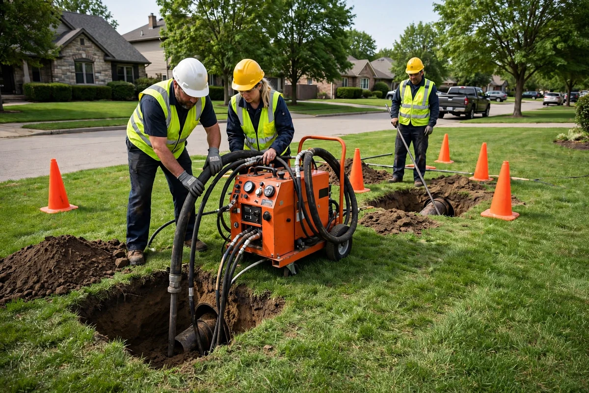 Photo of trenchless pipe bursting with a bursting head splitting the old pipe while new HDPE pipe is pulled in behind it