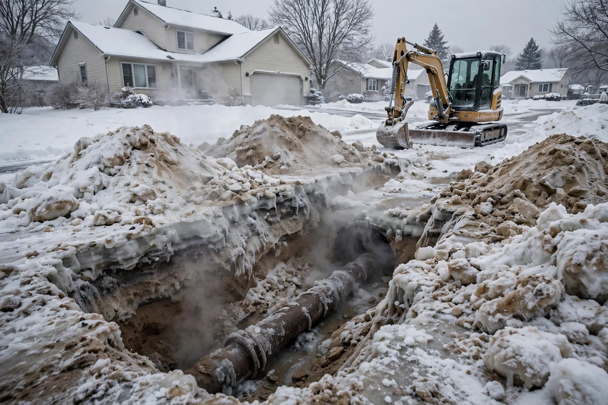 Winter photo showing snow, the typical frost depth line and a sewer lateral buried below it